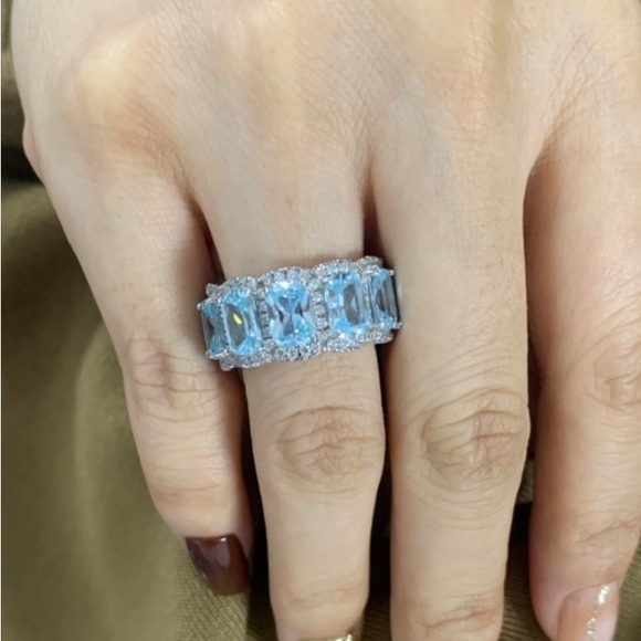 Aquamarine Ring Cushion Cut Eternity Wedding Band For Women 925 Sterling Silver - Picture 6 of 9